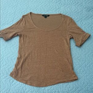 Ralph Lauren Women's 100% linen jersey scoop neck short sleeve Tan-gold Top szS